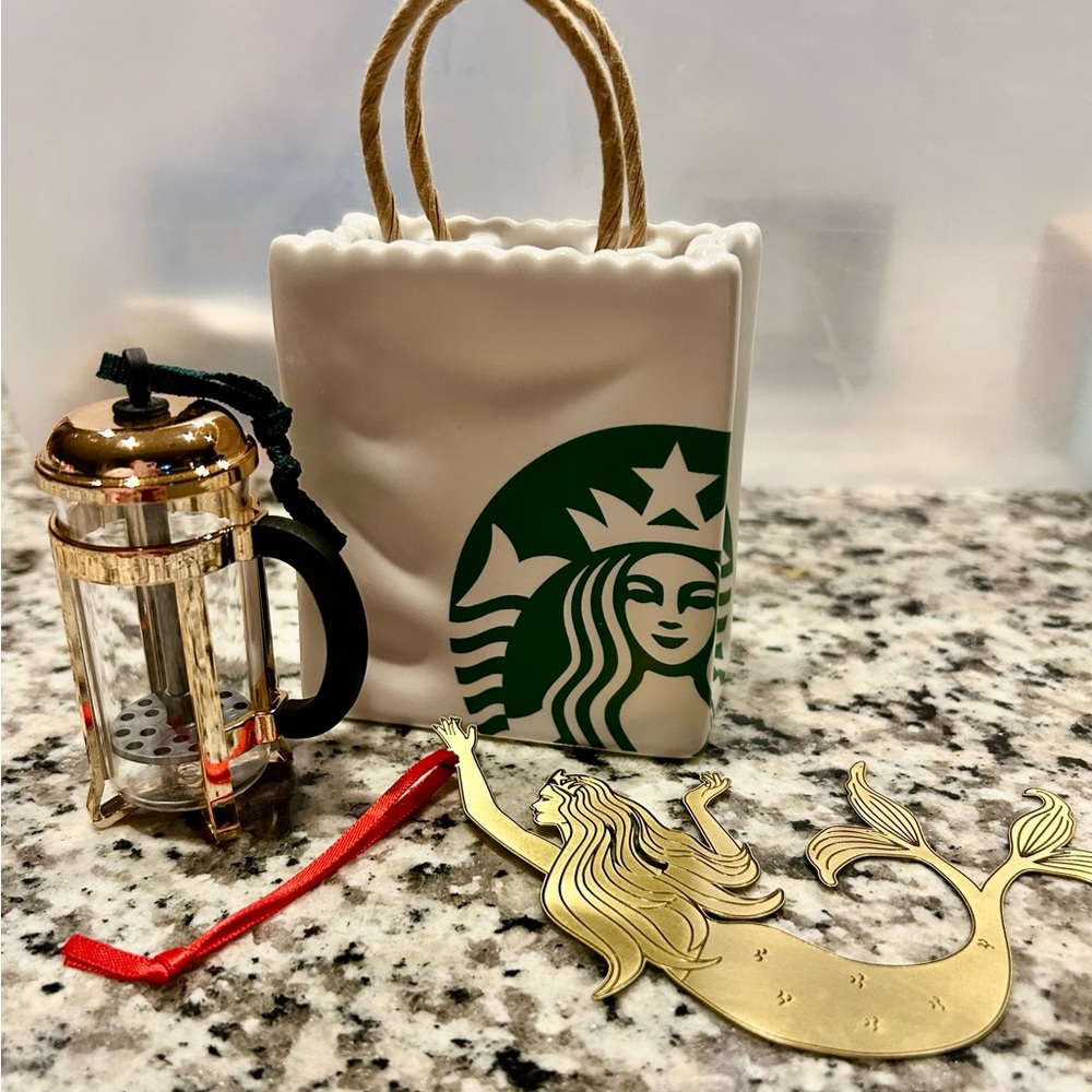 Starbucks Gold Mermaid, French Press and ceramic Starbucks bag Ornament Set